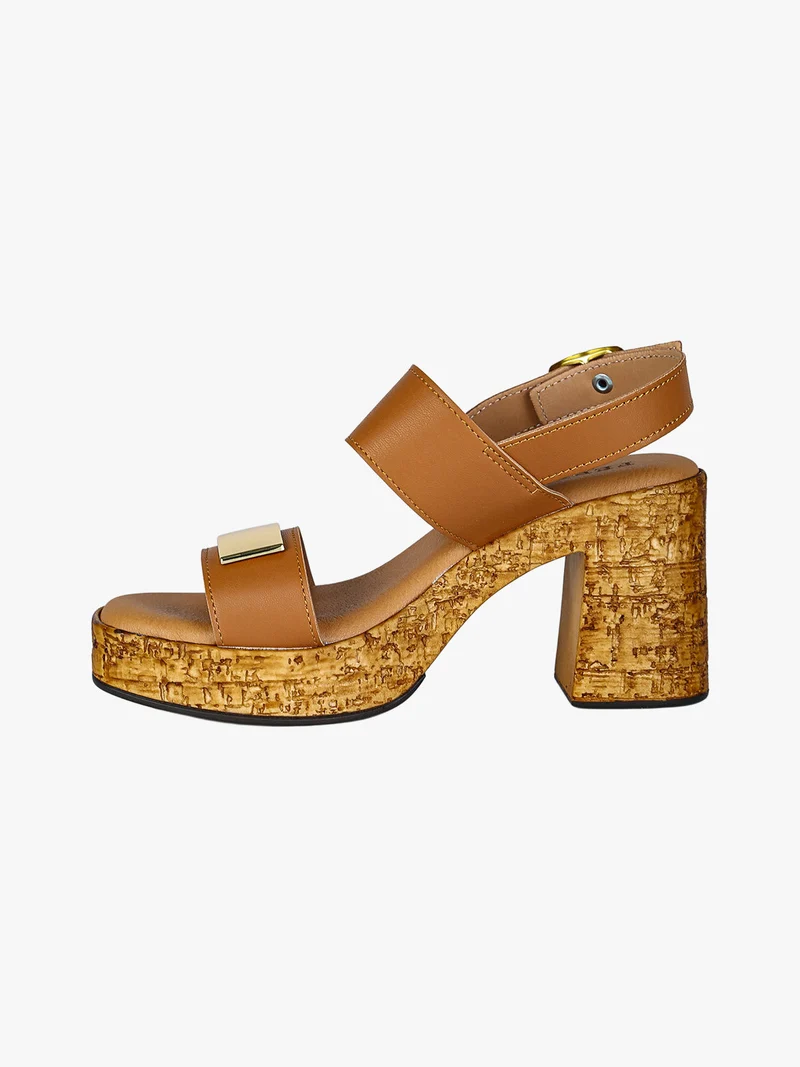 Sandali donna con tacco largo e plateau - cuoio
