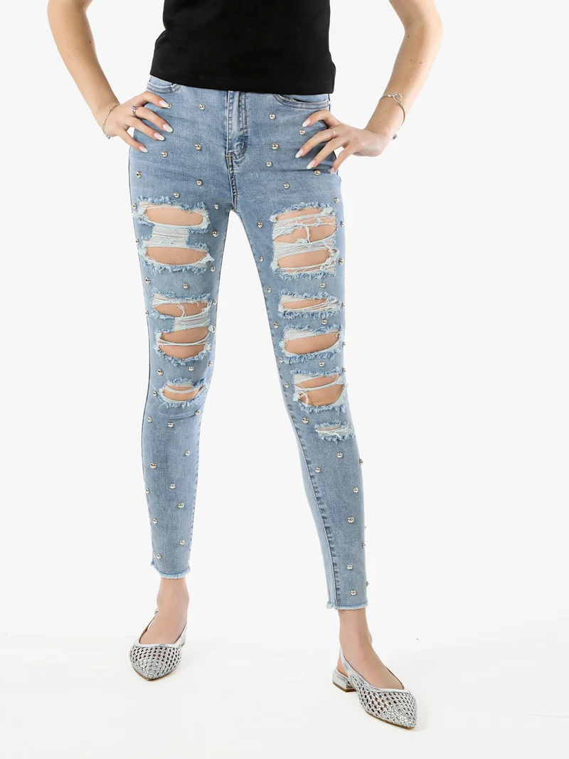 Jeans donna skinny con borchie e strappi - jeans