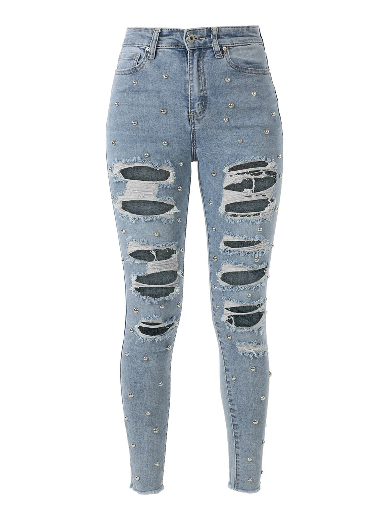 Jeans donna skinny con borchie e strappi - jeans