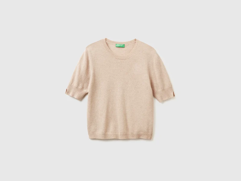 Beiger Kurzarmpullover aus reiner Merinowolle