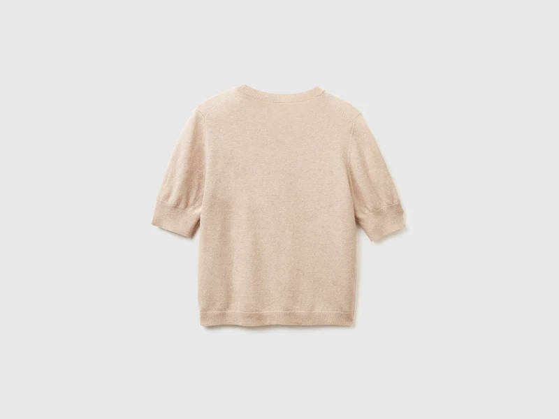 Beiger Kurzarmpullover aus reiner Merinowolle