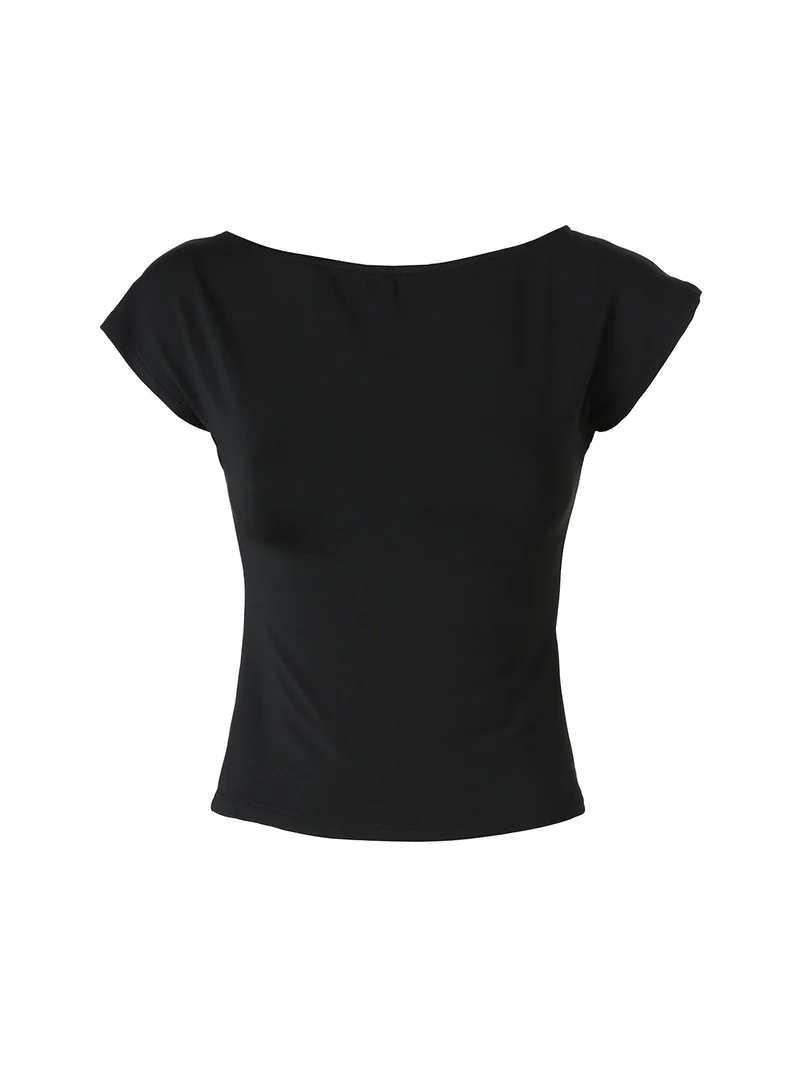 Top donna con scollo a barca e maniche corte - nero