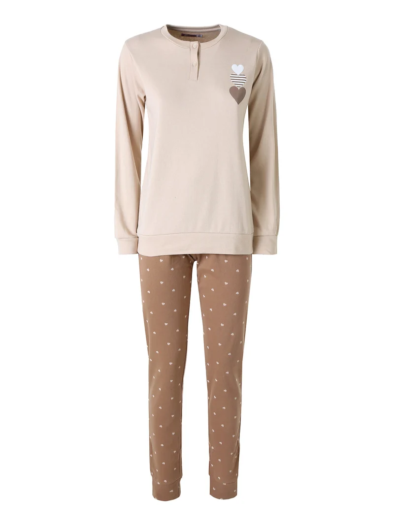 Pigiama lungo da donna in cotone interlock con pantaloni a cuori - sabbia
