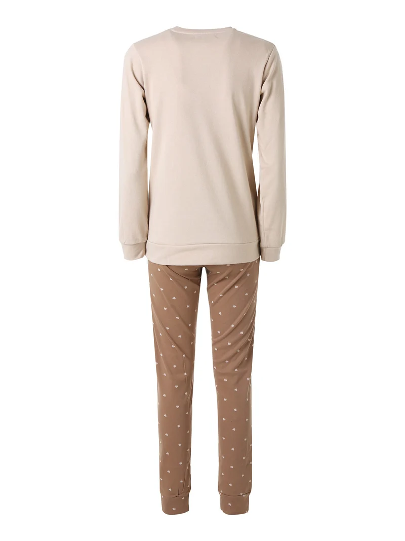Pigiama lungo da donna in cotone interlock con pantaloni a cuori - sabbia
