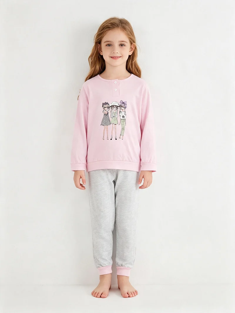 Pigiama lungo in cotone da bambina - rosa
