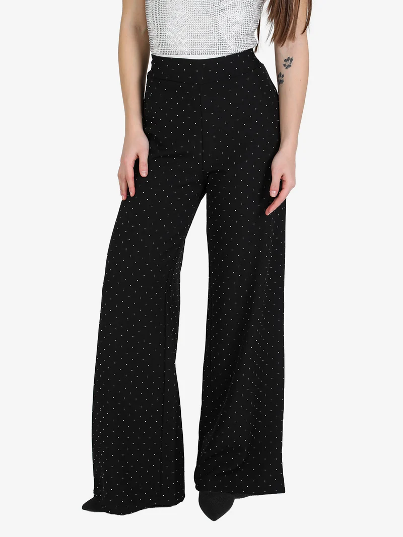 Pantaloni donna a gamba larga con strass - nero