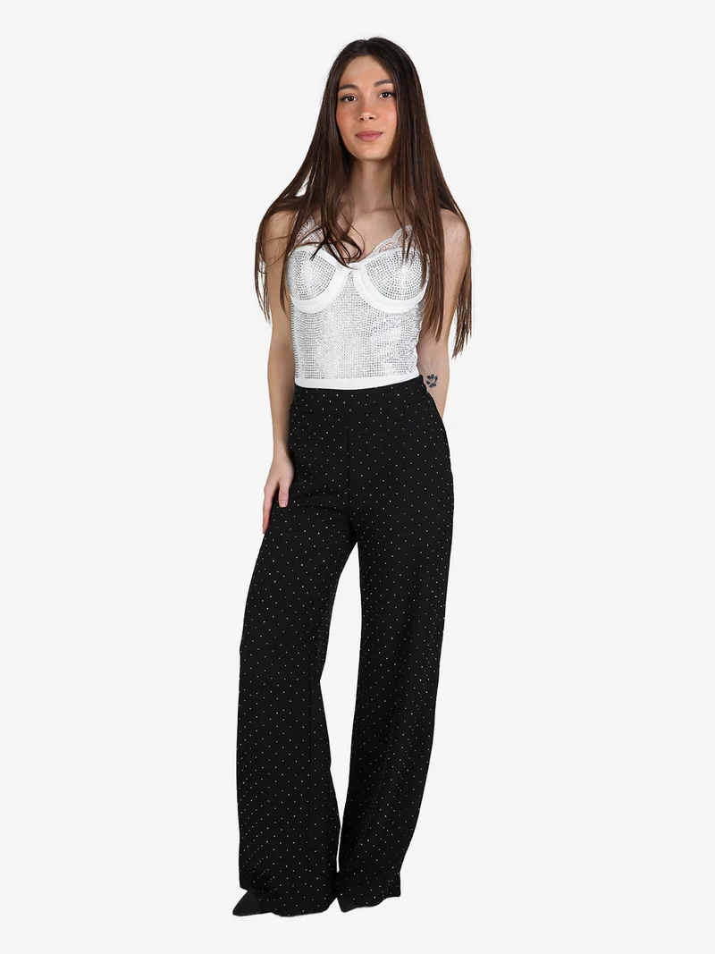 Pantaloni donna a gamba larga con strass - nero