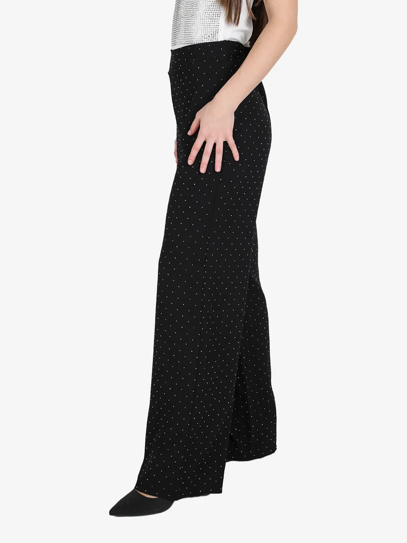 Pantaloni donna a gamba larga con strass - nero