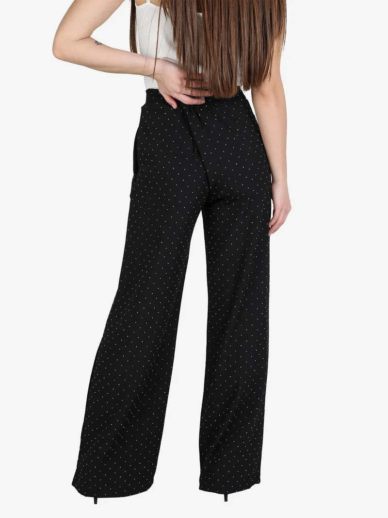 Pantaloni donna a gamba larga con strass - nero