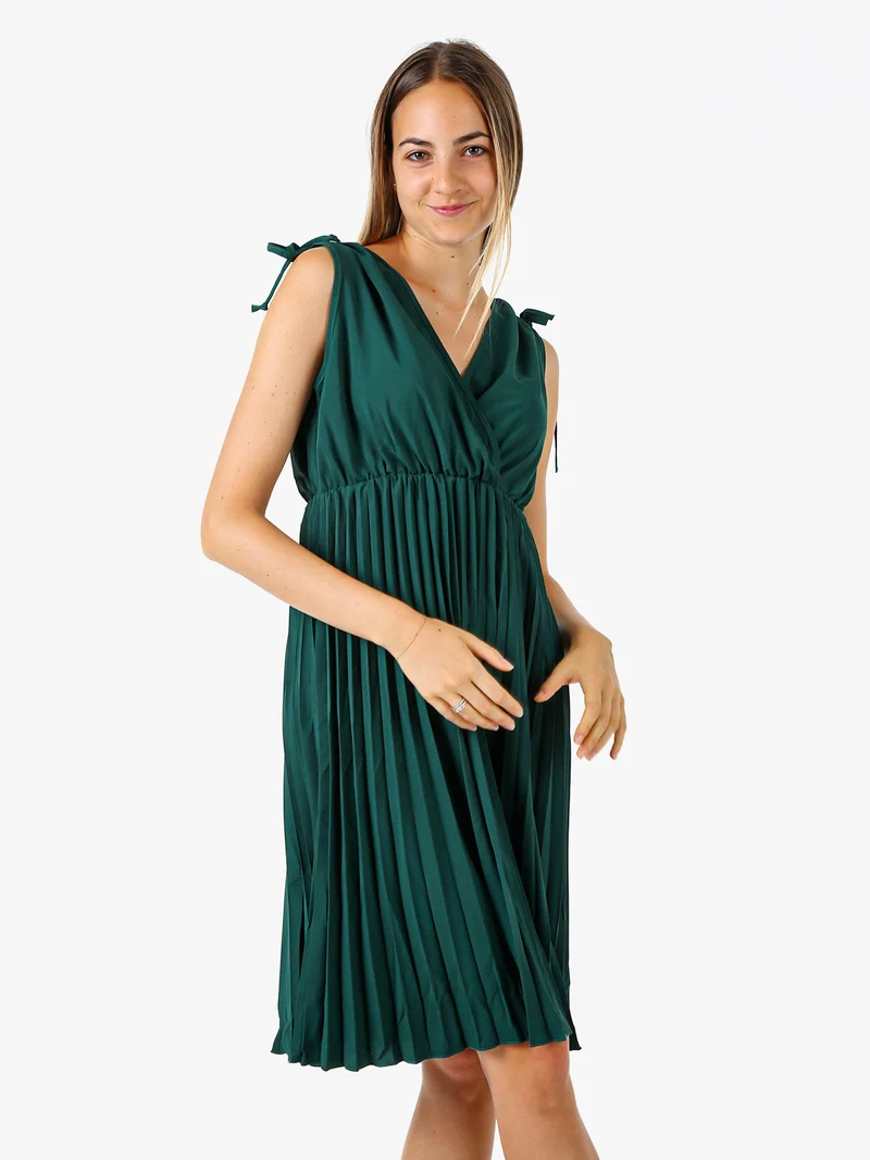 Abito donna a spalla larga con gonna plissettata - verde