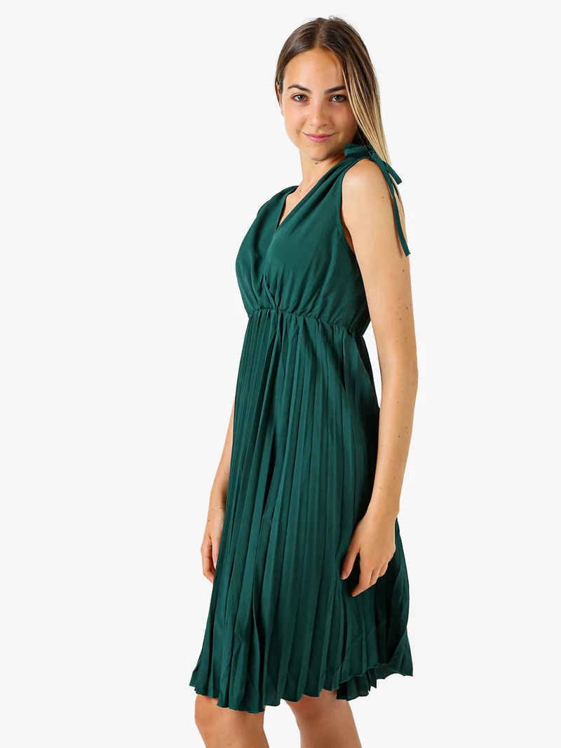 Abito donna a spalla larga con gonna plissettata - verde