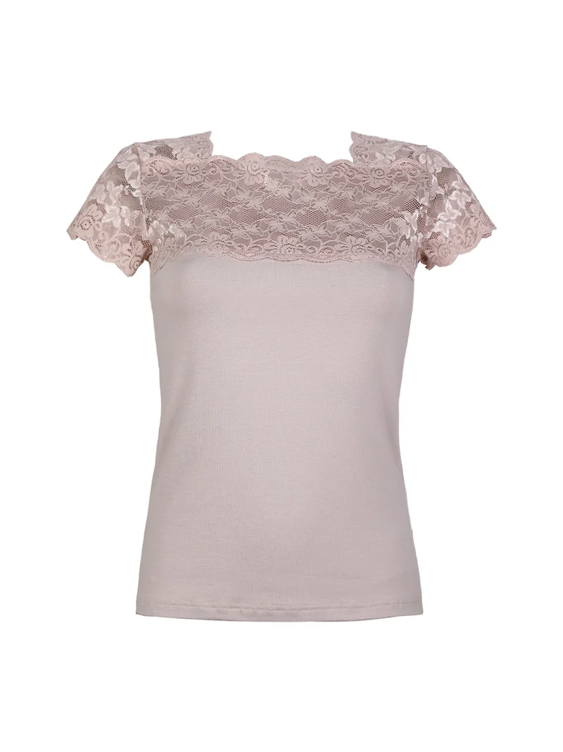 Maglia manica corta donna con pizzo - sabbia
