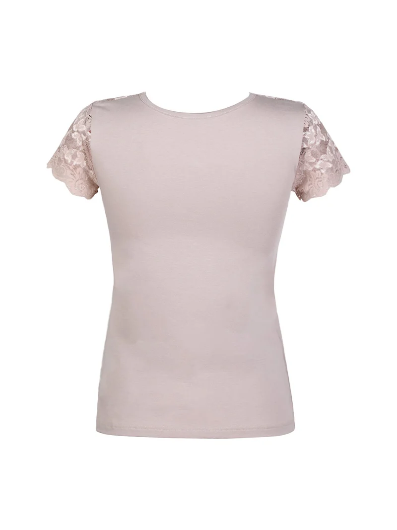 Maglia manica corta donna con pizzo - sabbia