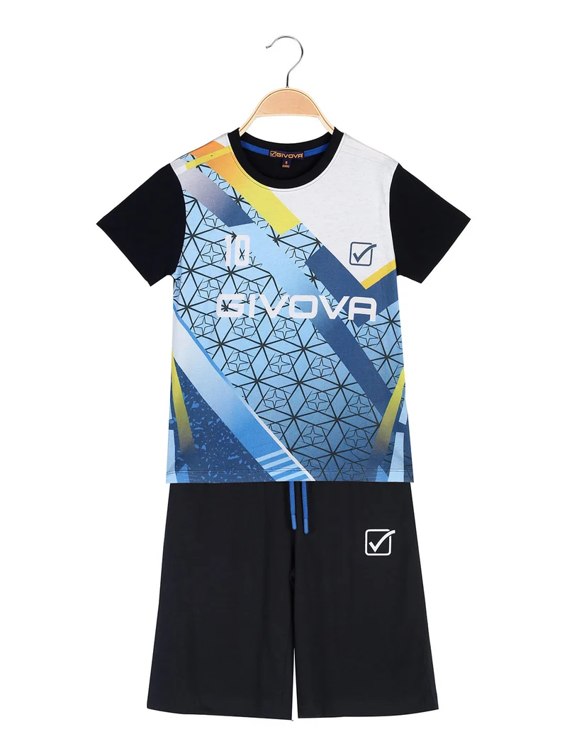 Completo corto da ragazzo in cotone con t-shirt logo e bermuda - blu scuro