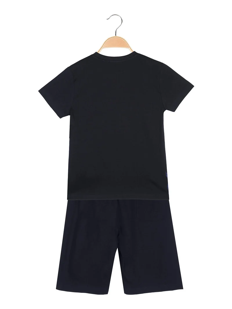 Completo corto da ragazzo in cotone con t-shirt logo e bermuda - blu scuro