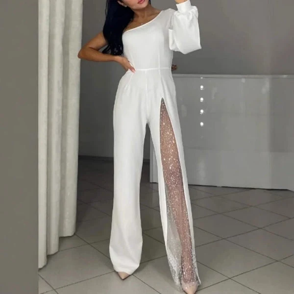 Damen Ein-Schulter Jumpsuit | Glitzernde Netzdetails | Figurbetonte Passform | Eleganter Abendlook