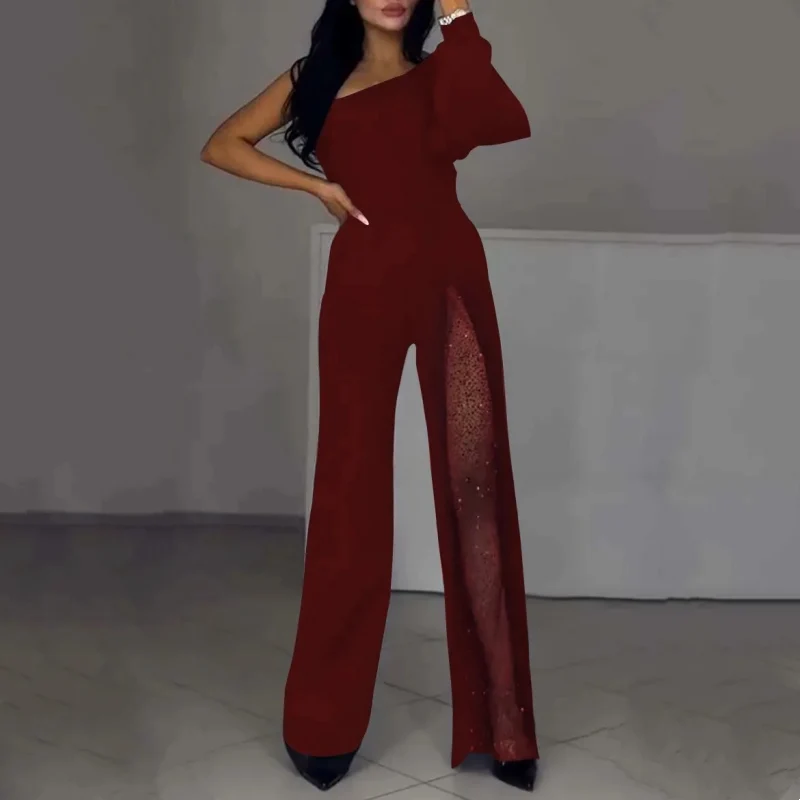 Damen Ein-Schulter Jumpsuit | Glitzernde Netzdetails | Figurbetonte Passform | Eleganter Abendlook