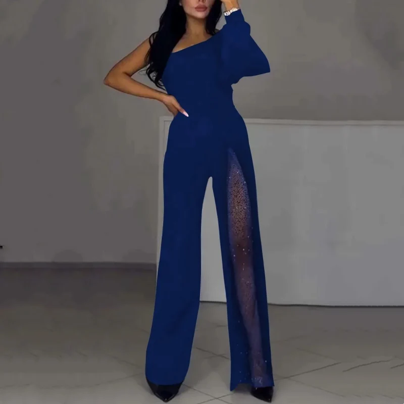 Damen Ein-Schulter Jumpsuit | Glitzernde Netzdetails | Figurbetonte Passform | Eleganter Abendlook