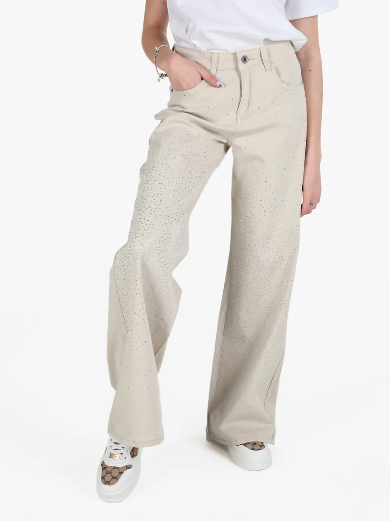 Pantaloni donna con strass a gamba larga - beige
