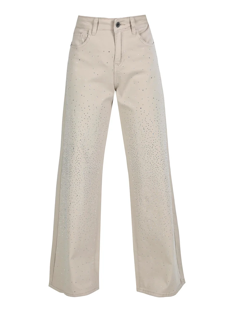 Pantaloni donna con strass a gamba larga - beige