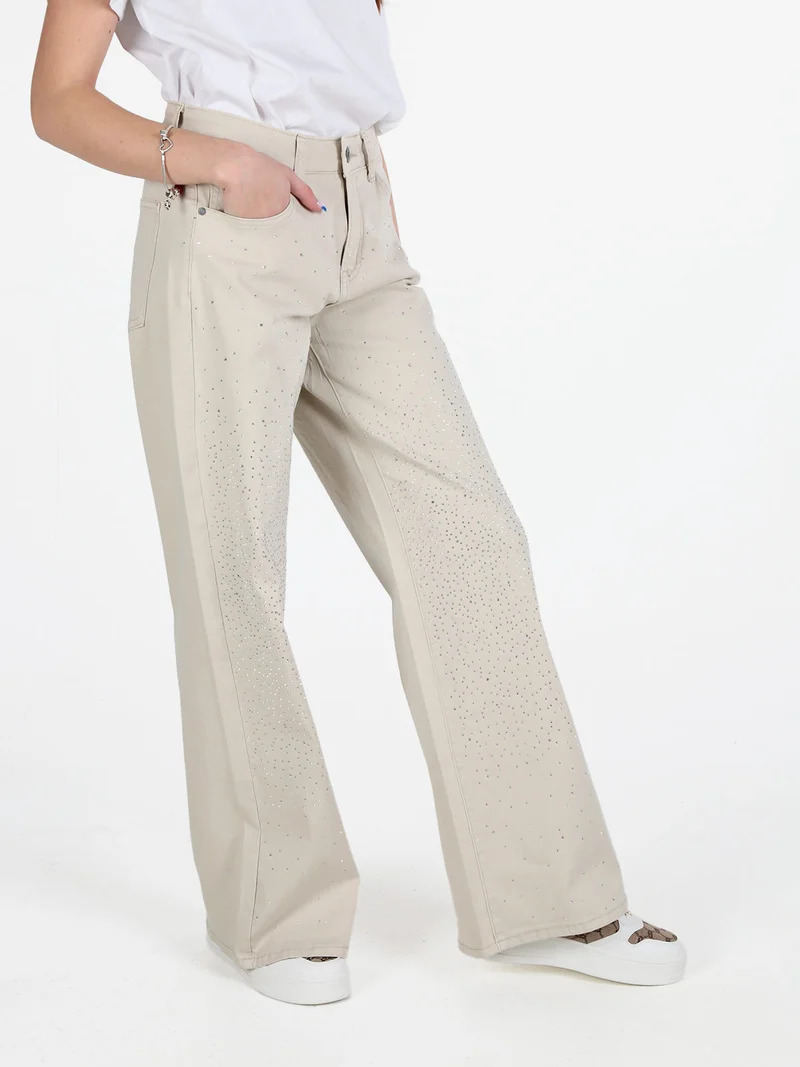 Pantaloni donna con strass a gamba larga - beige