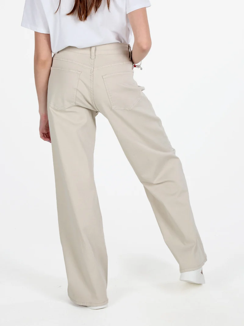 Pantaloni donna con strass a gamba larga - beige