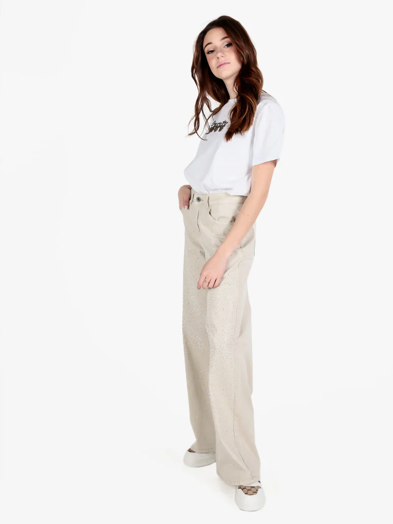 Pantaloni donna con strass a gamba larga - beige