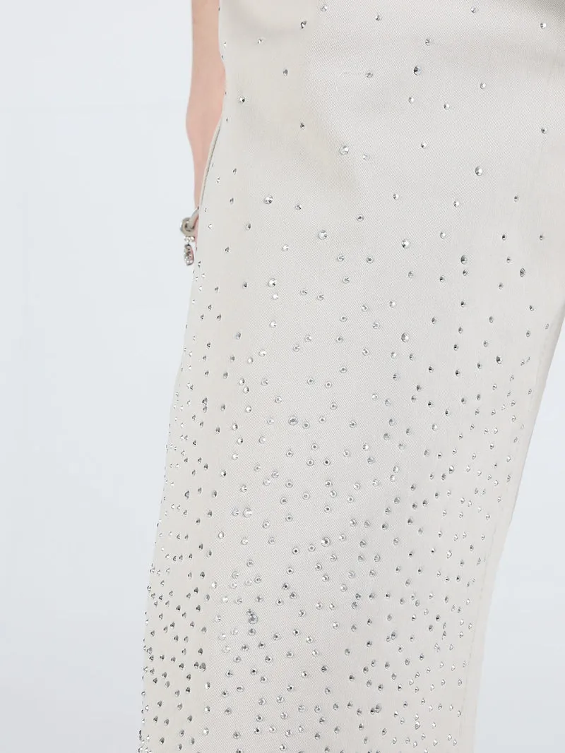 Pantaloni donna con strass a gamba larga - beige