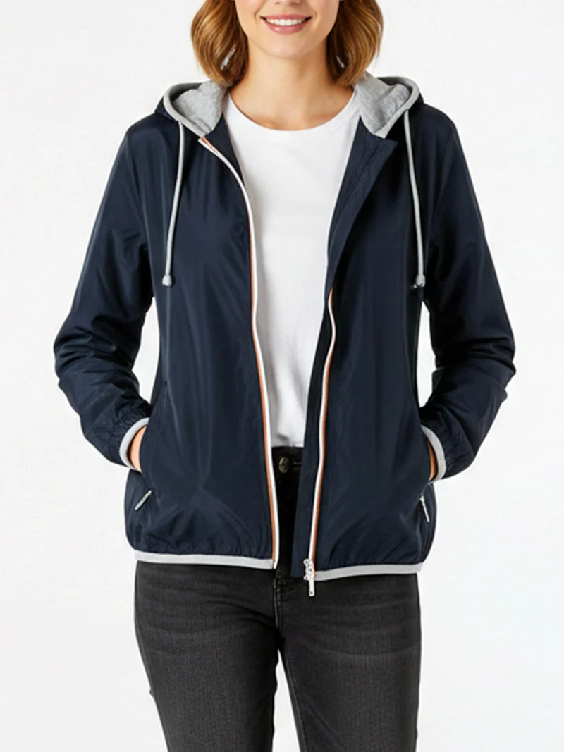 Giacca a vento da donna con cappuccio e zip - blu scuro