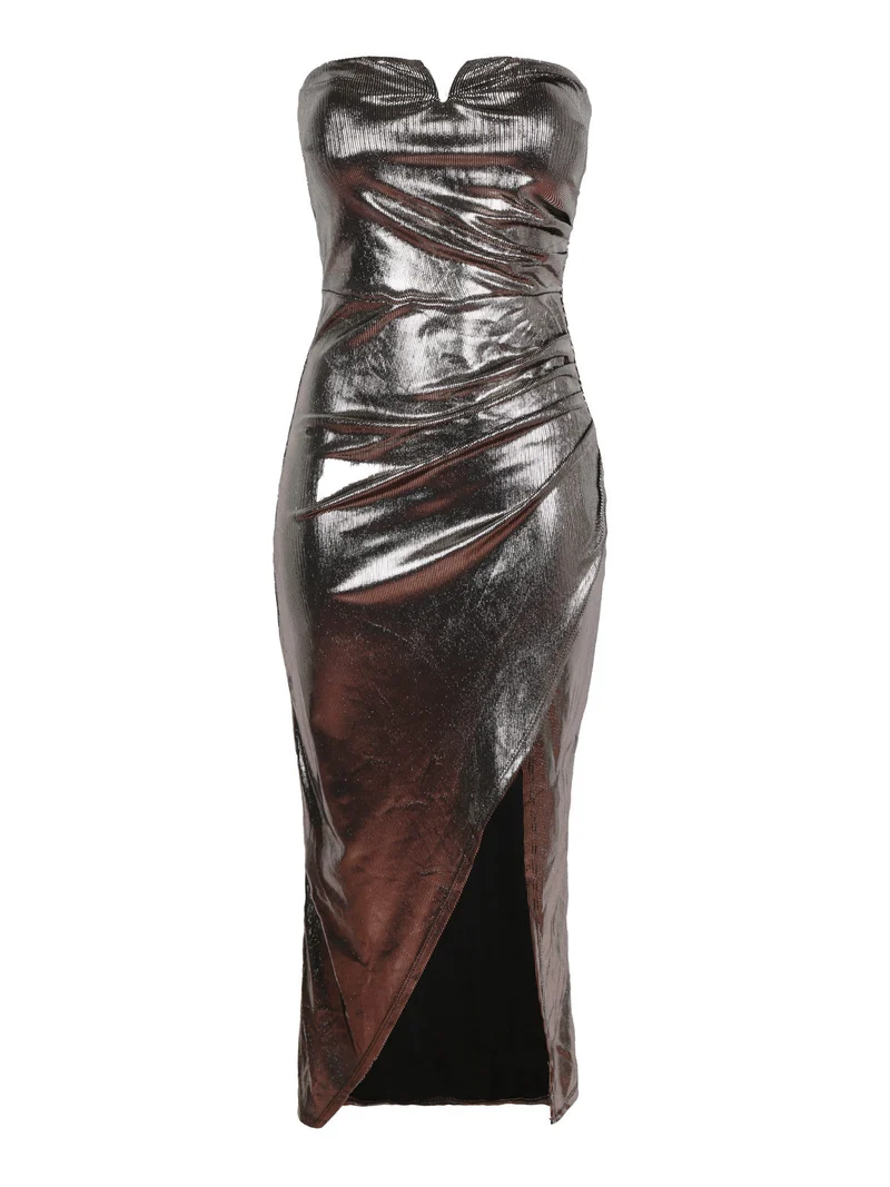 Abito lungo con lurex senza spalline - champagne