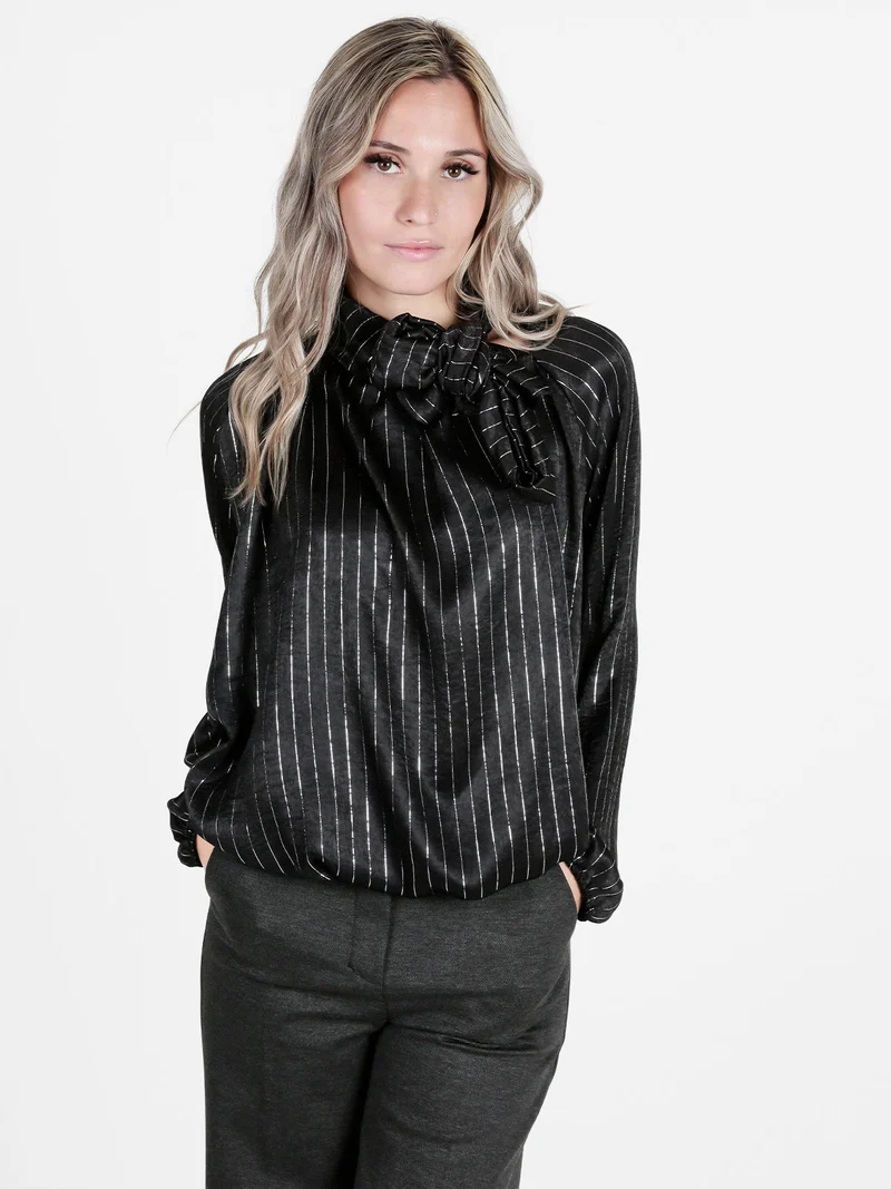 Camicetta donna a maniche lunghe con righe argento - nero