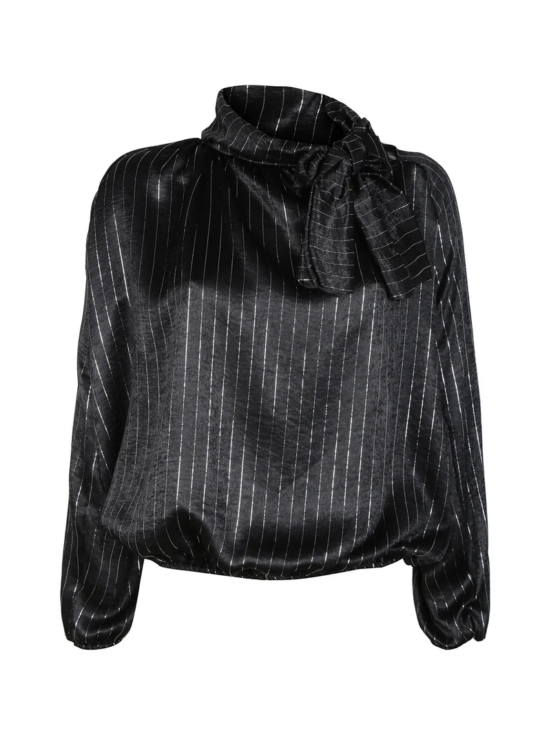 Camicetta donna a maniche lunghe con righe argento - nero