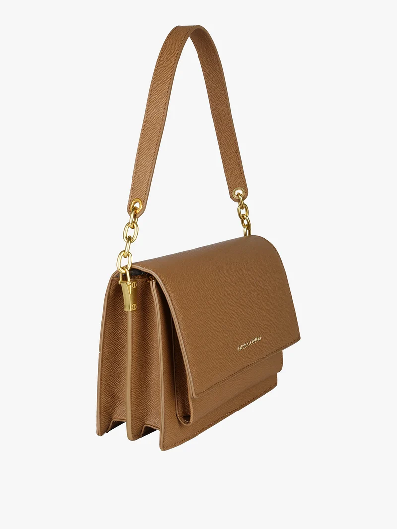 Borsa donna rigida in ecopelle con patta - marrone