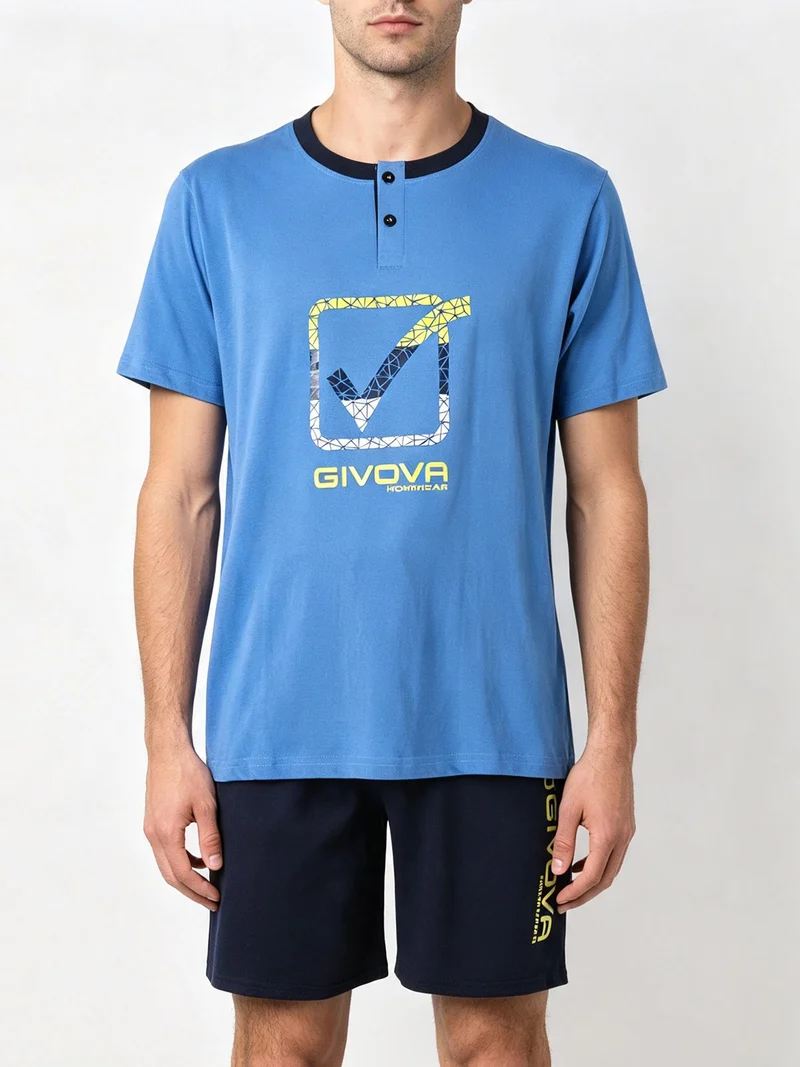 Pigiama corto da uomo in misto cotone con logo - blu