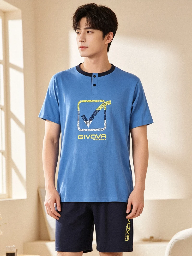 Pigiama corto da uomo in misto cotone con logo - blu