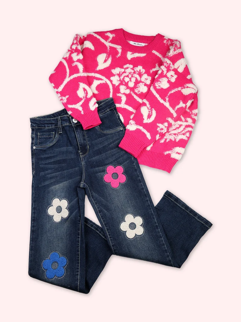Jeans da bambina a gamba dritta con fiori di peluche e strass - jeans