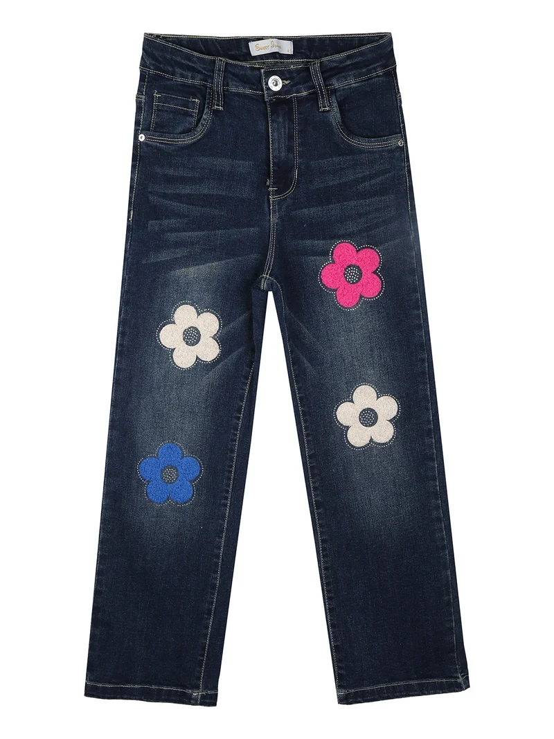 Jeans da bambina a gamba dritta con fiori di peluche e strass - jeans