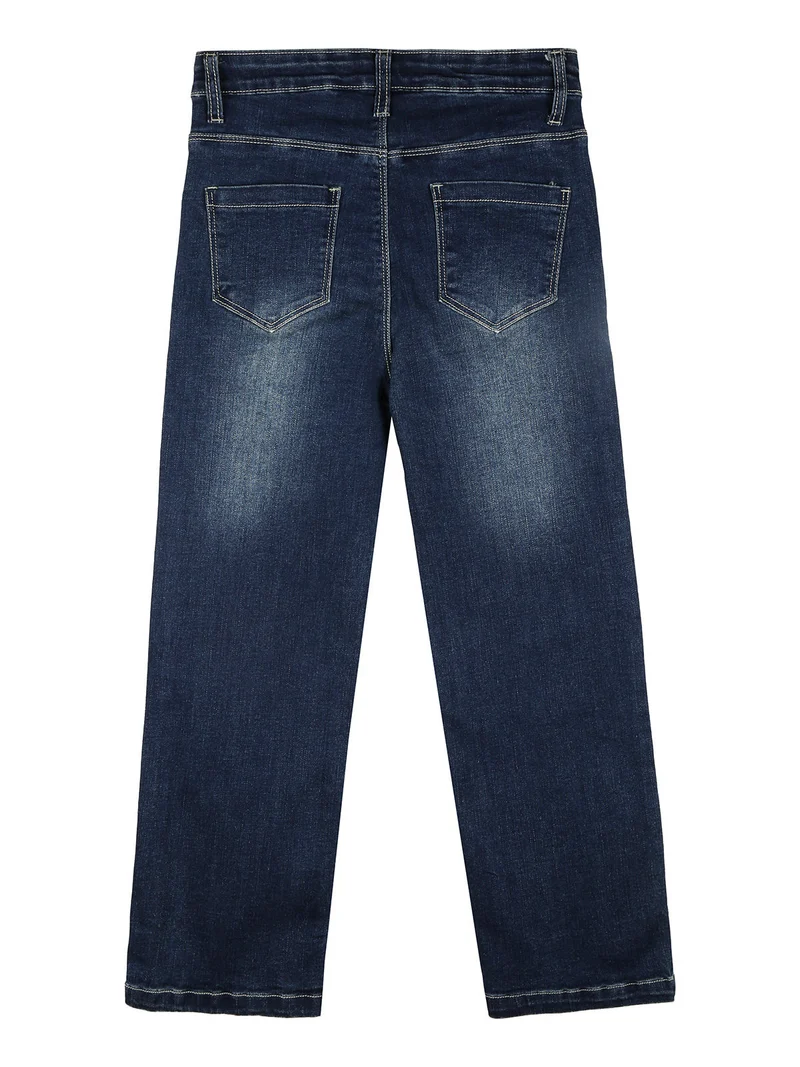 Jeans da bambina a gamba dritta con fiori di peluche e strass - jeans