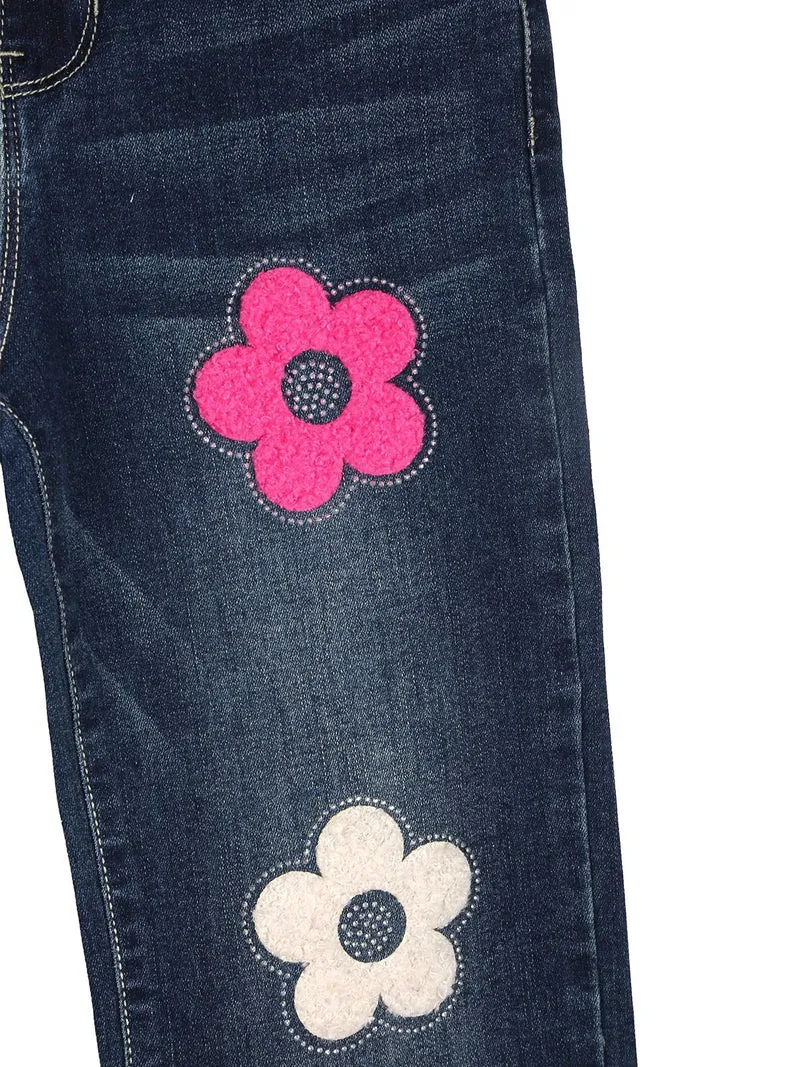 Jeans da bambina a gamba dritta con fiori di peluche e strass - jeans