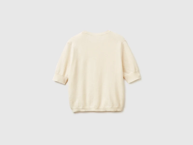 Cremefarbener Kurzarmpullover aus reiner Merinowolle