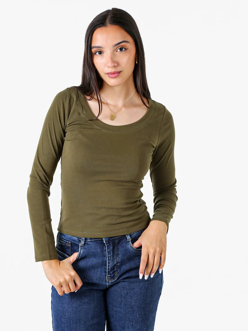 T-shirt a maniche lunghe da donna in cotone - oliva