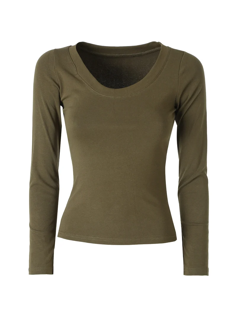 T-shirt a maniche lunghe da donna in cotone - oliva