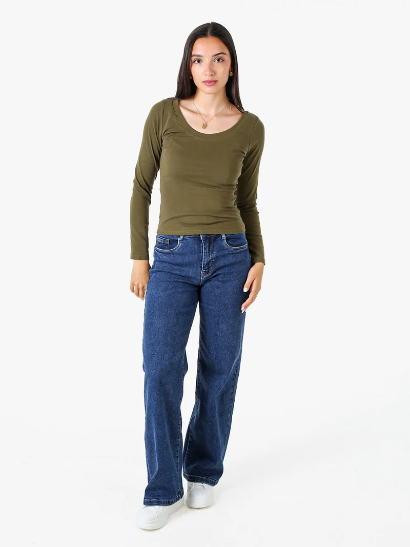 T-shirt a maniche lunghe da donna in cotone - oliva