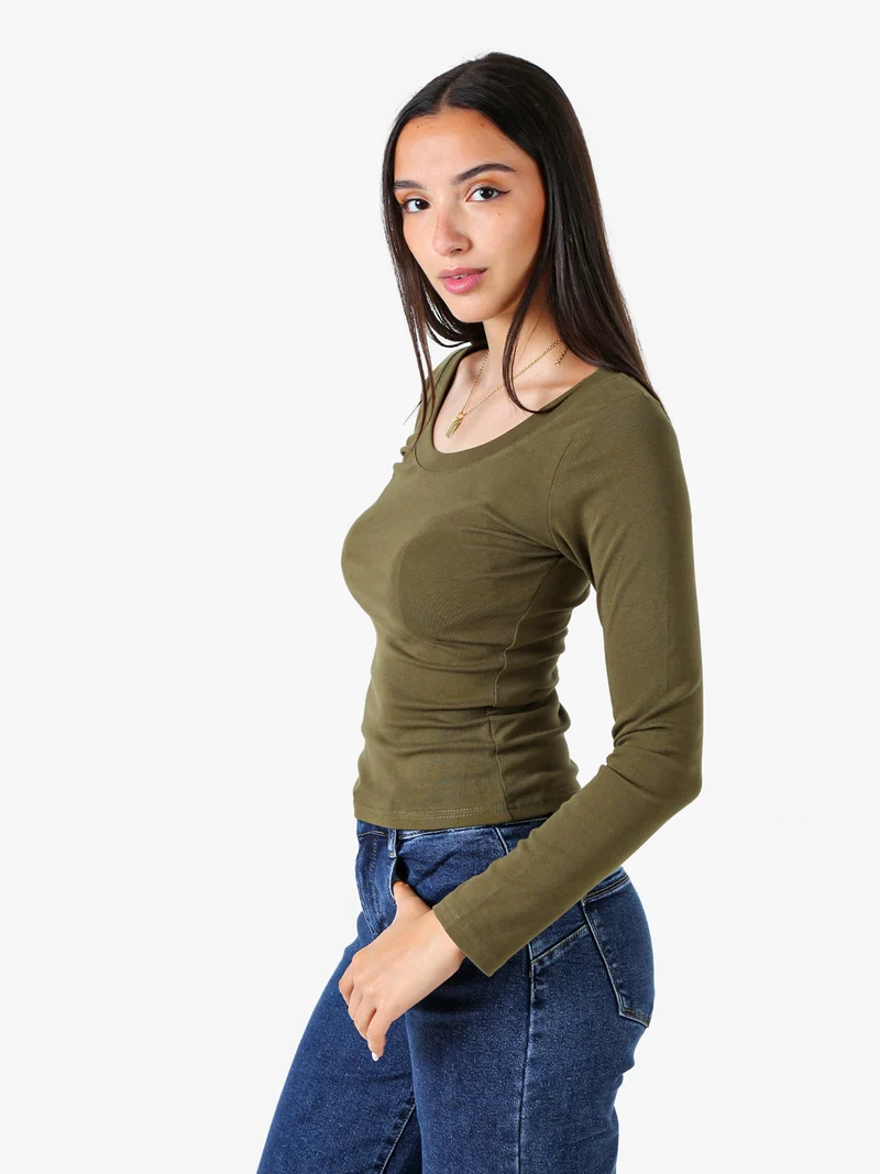 T-shirt a maniche lunghe da donna in cotone - oliva