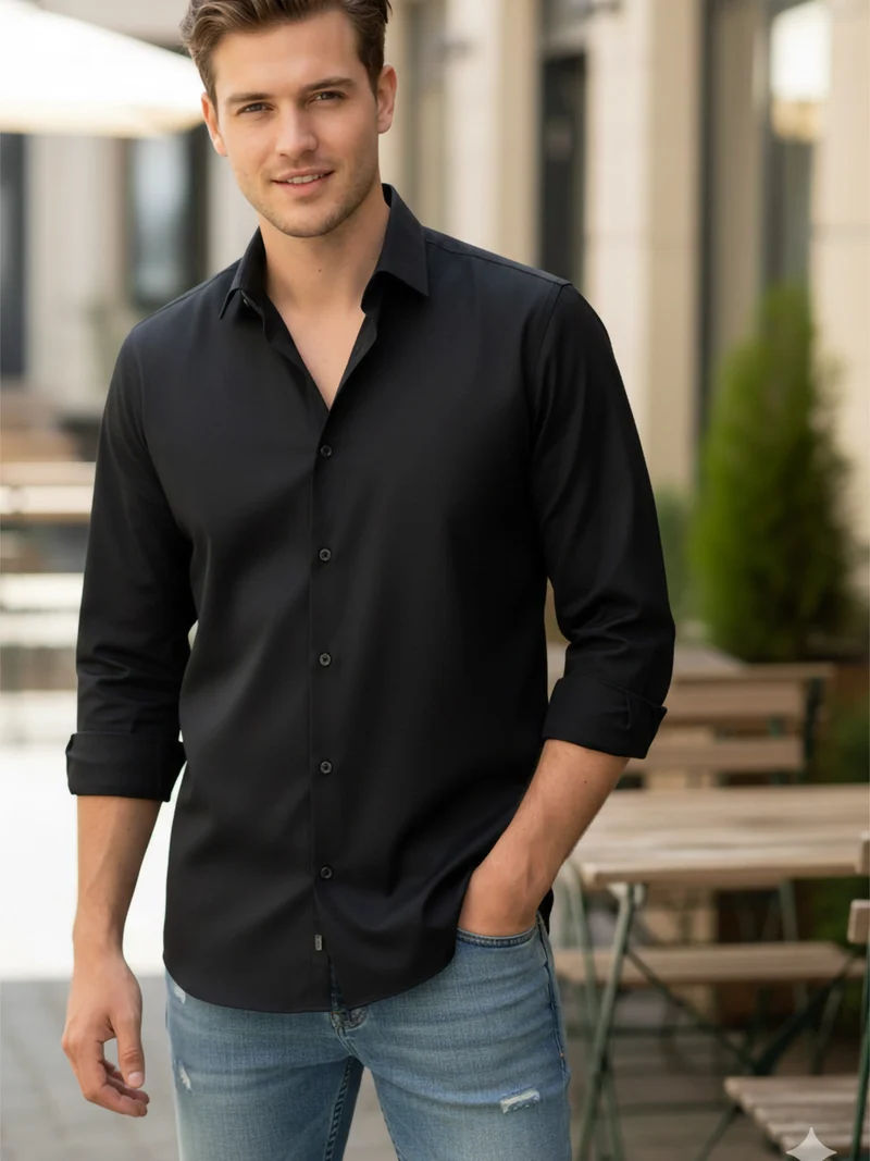 Camicia da uomo a maniche lunghe in tessuto elastico no stiro - nero