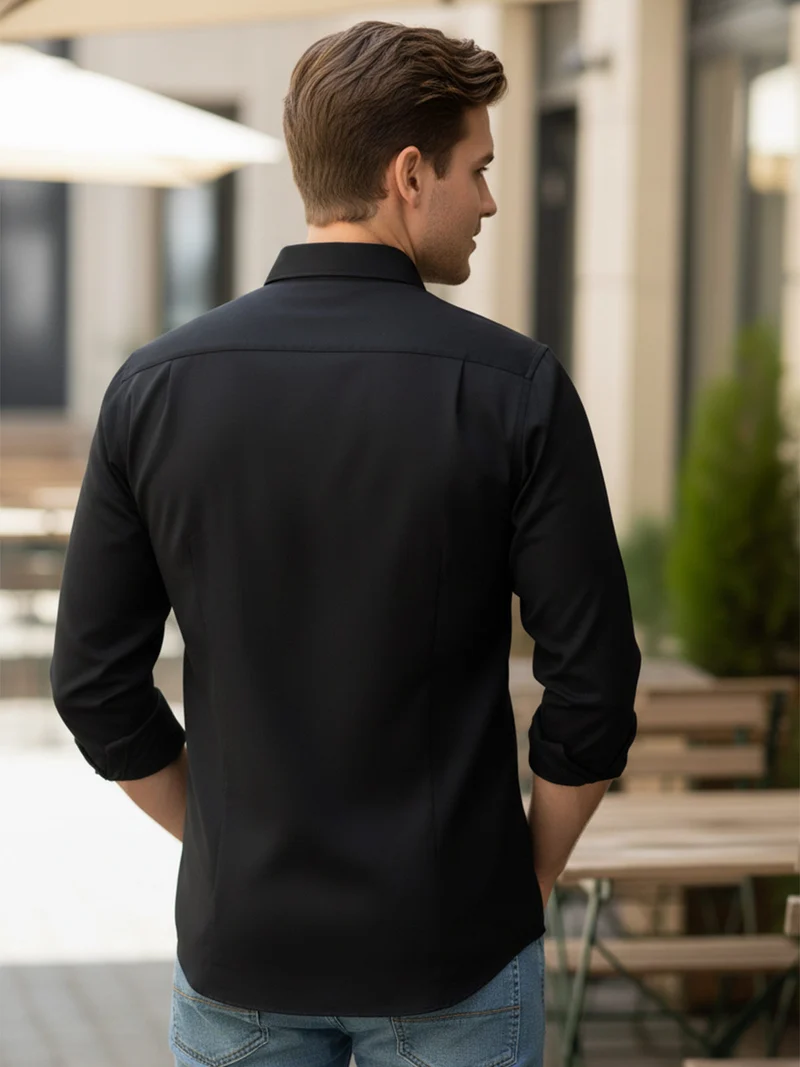 Camicia da uomo a maniche lunghe in tessuto elastico no stiro - nero
