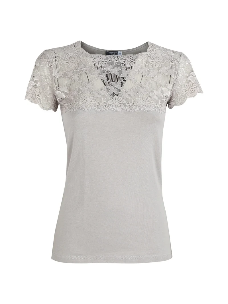 Maglia manica corta donna con pizzo - grigio
