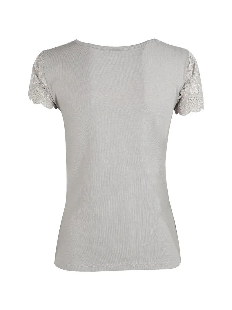 Maglia manica corta donna con pizzo - grigio