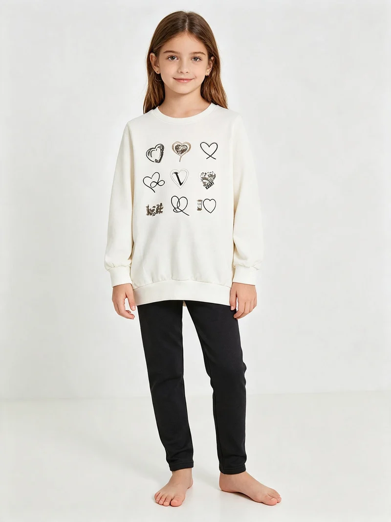 Completo 2 pezzi da bambina con felpa e leggings - panna