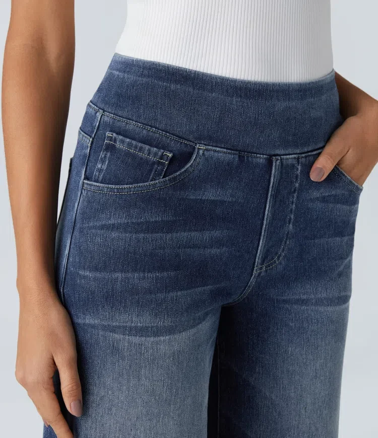 Damen Jeans mit hohem Bund | Super Stretch Stoff | Weites Bein | Bequeme Passform | Zeitloser Stil